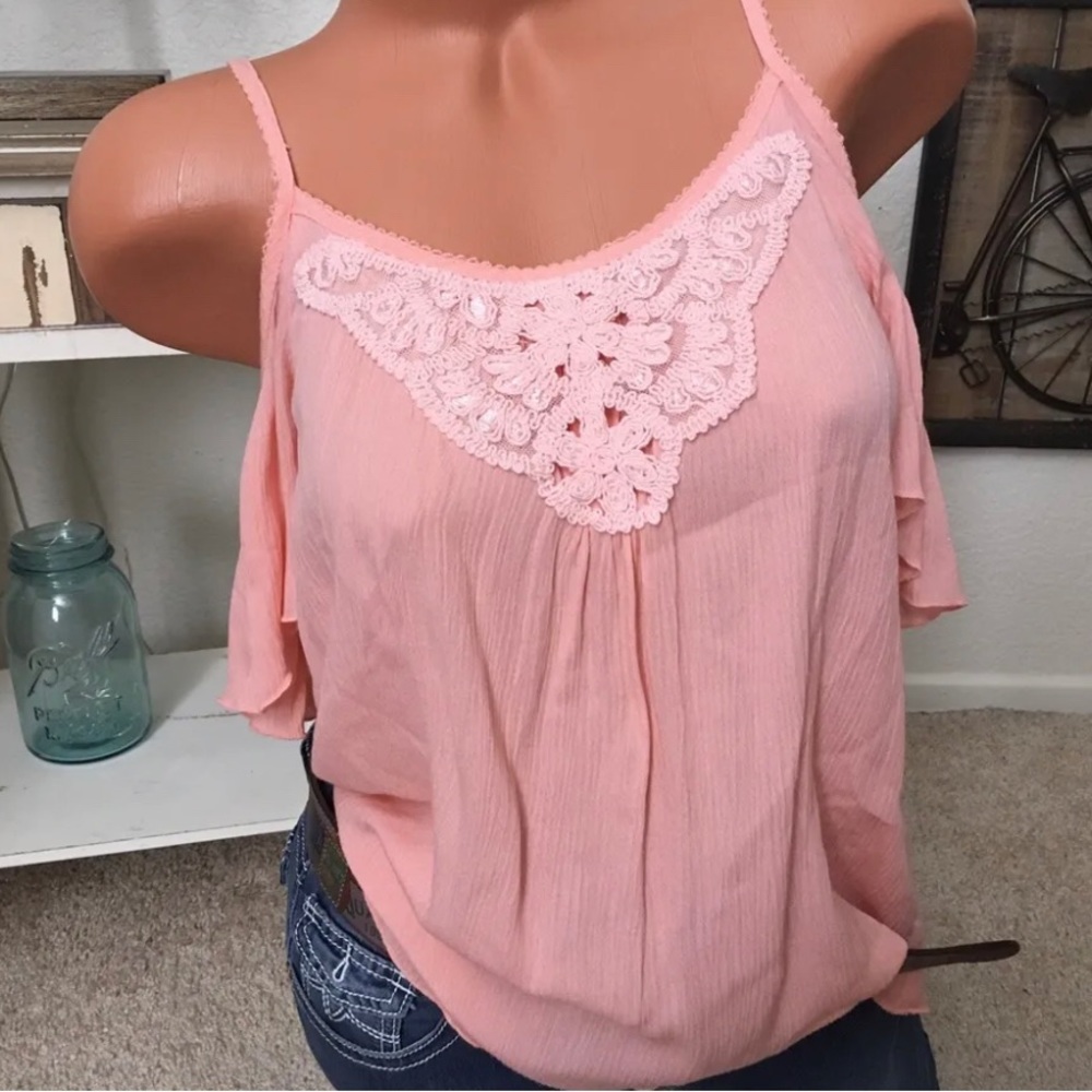 Mudd  Coral/Peach Crochet Gauze Blouse Off Shoulder SZ XS NWD & Tags!